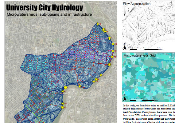 With the University of Pennsylvania <a href='http://www.cml.upenn.edu'>Cartographic Modeling Lab</a>, I analysed high resolution LiDAR elevation data to determine the feasibility of modeling microwatersheds in urban areas and delivering it on a web platform. This poster was awarded the 2013 <a href='http://penniur.upenn.edu'>PennIUR</a> Masters Capstone Poster Award and displayed at the 2013 ESRI UC. The full poster is available for download <a target='_blank' href='_include\docs\presentationHydro.pdf'>here</a>.