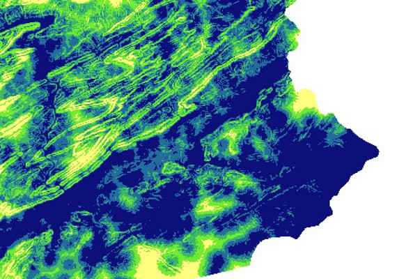 Suitability analysis for predicting areas of the state of Pennsylvania most likely to be urbanized. This was a preliminary stage of a further analysis determining areas where urbanization threatens sensitive lands.