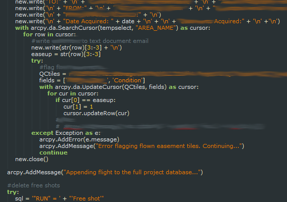 There was a time when I hated programming. Those days are over, and now I can't stop. I try to program everything, from stupid tools and games at home, to this website, to huge management tools at work. Automation is key to effective and efficient project management. Let's rely on good algorithms and save ourselves time and error. The work above is utilizing arcpy, a wonderful ESRI tool. Redacted for protection. <a href='http://www.kasurveys.com' target='_blank'>Keystone Aerial Surveys, Inc.</a>